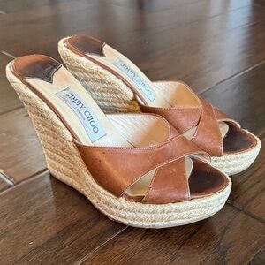 Jimmy Choo 'Phyllis' brown leather espadrille wedge sandals sz 38